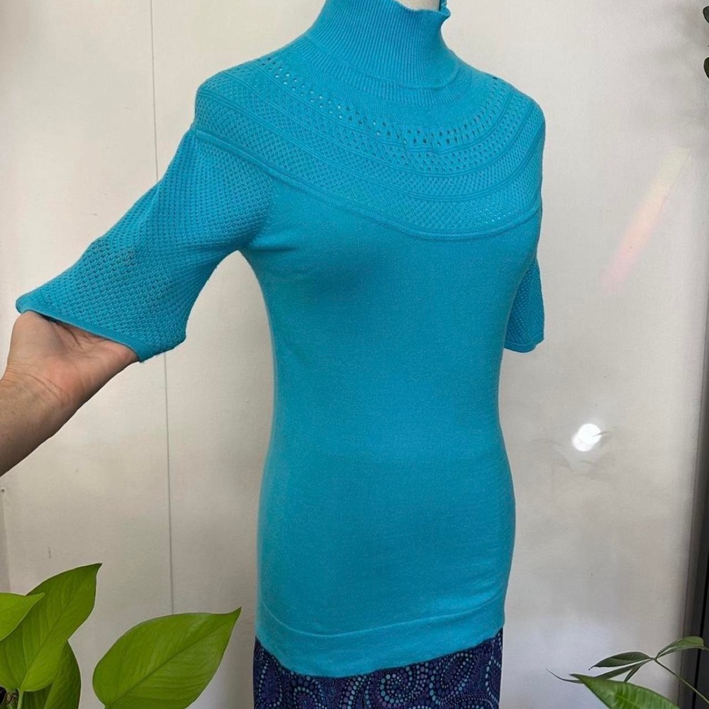 Cache Women Turquoise Blue Knit High Neck Open Knit Tunic Top Medium